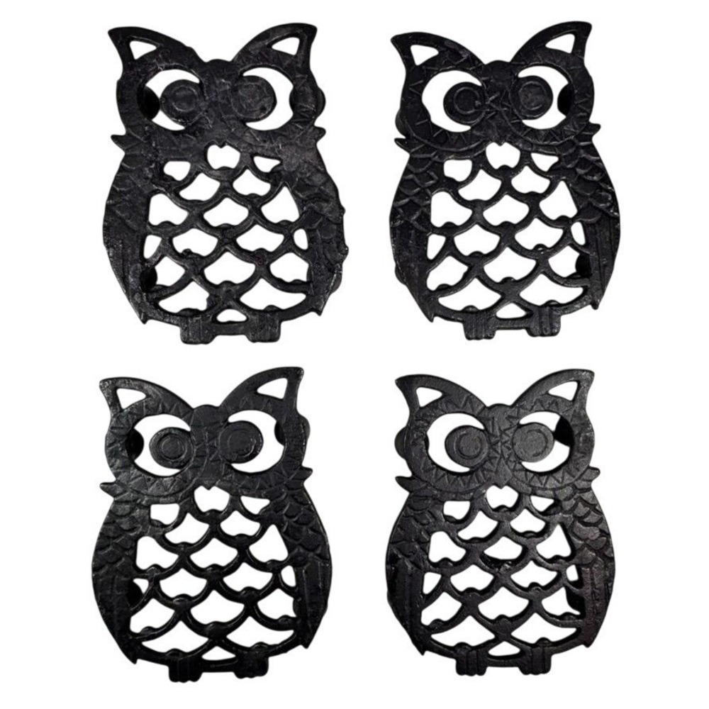 Set‎ of 4 Cast Iron Owl Trivets Black Rustic Kitchen Decor 5.5" x 4"